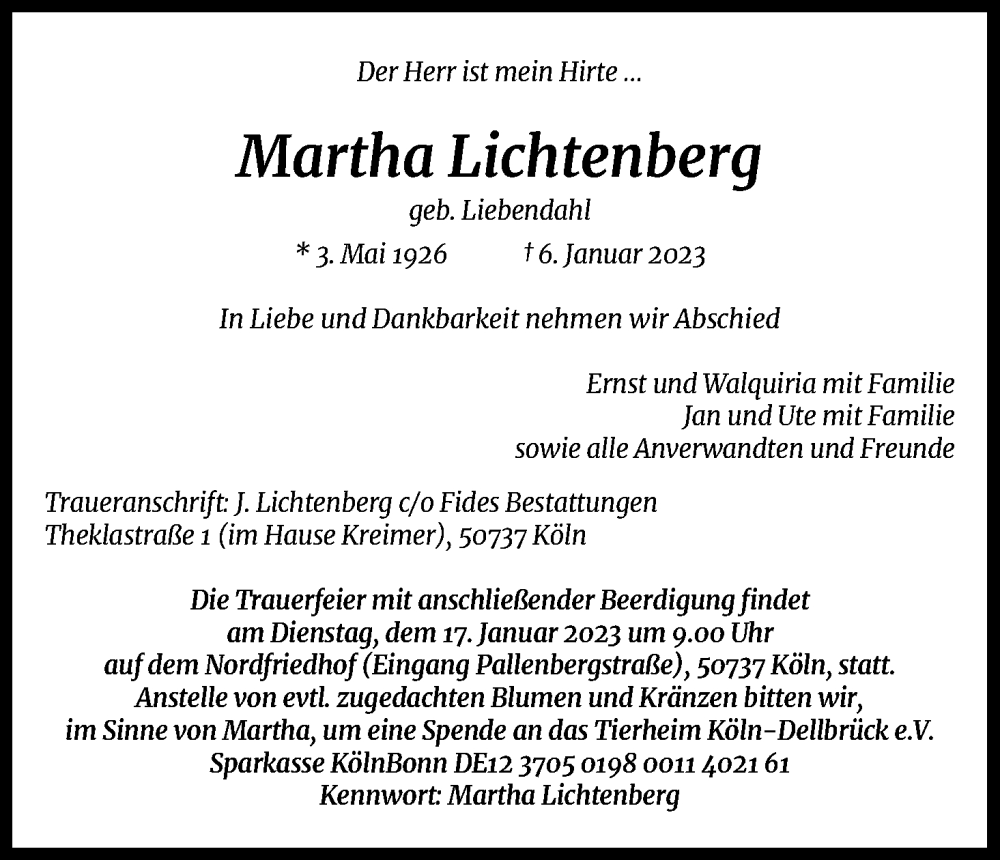 Traueranzeigen Von Martha Lichtenberg WirTrauern