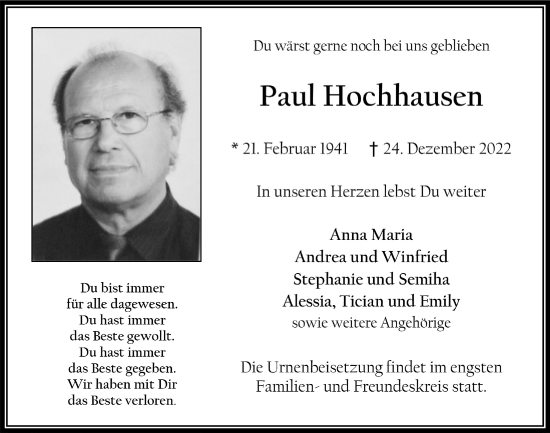 Traueranzeigen Von Paul Hochhausen Wirtrauern