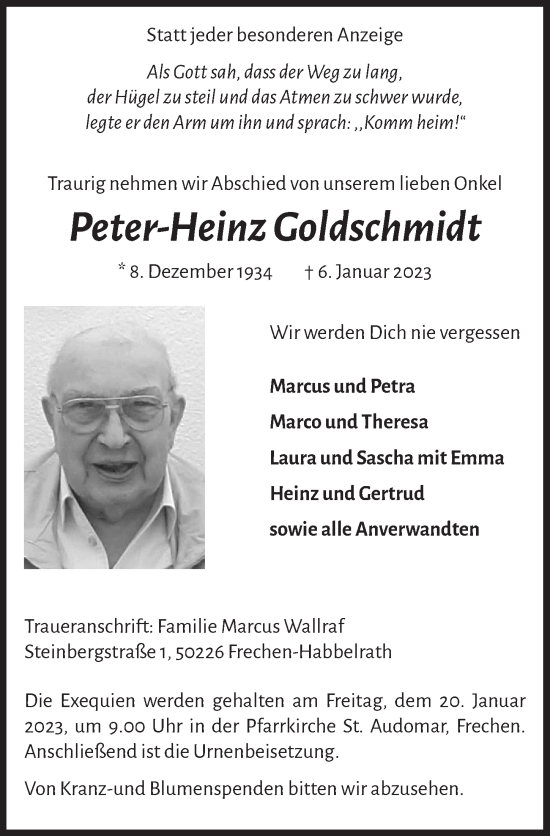 Traueranzeigen Von Peter Heinz Goldschmidt WirTrauern