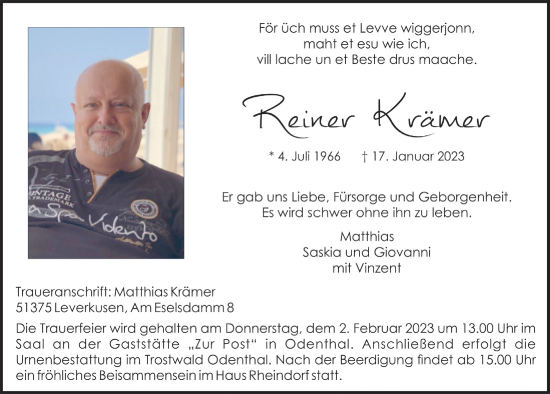 Traueranzeigen von Reiner Krämer WirTrauern