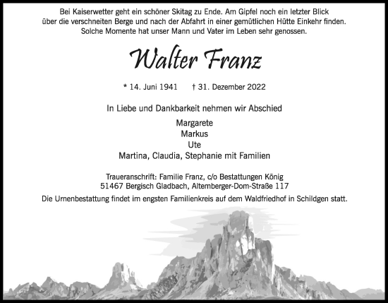 Traueranzeigen Von Walter Franz WirTrauern