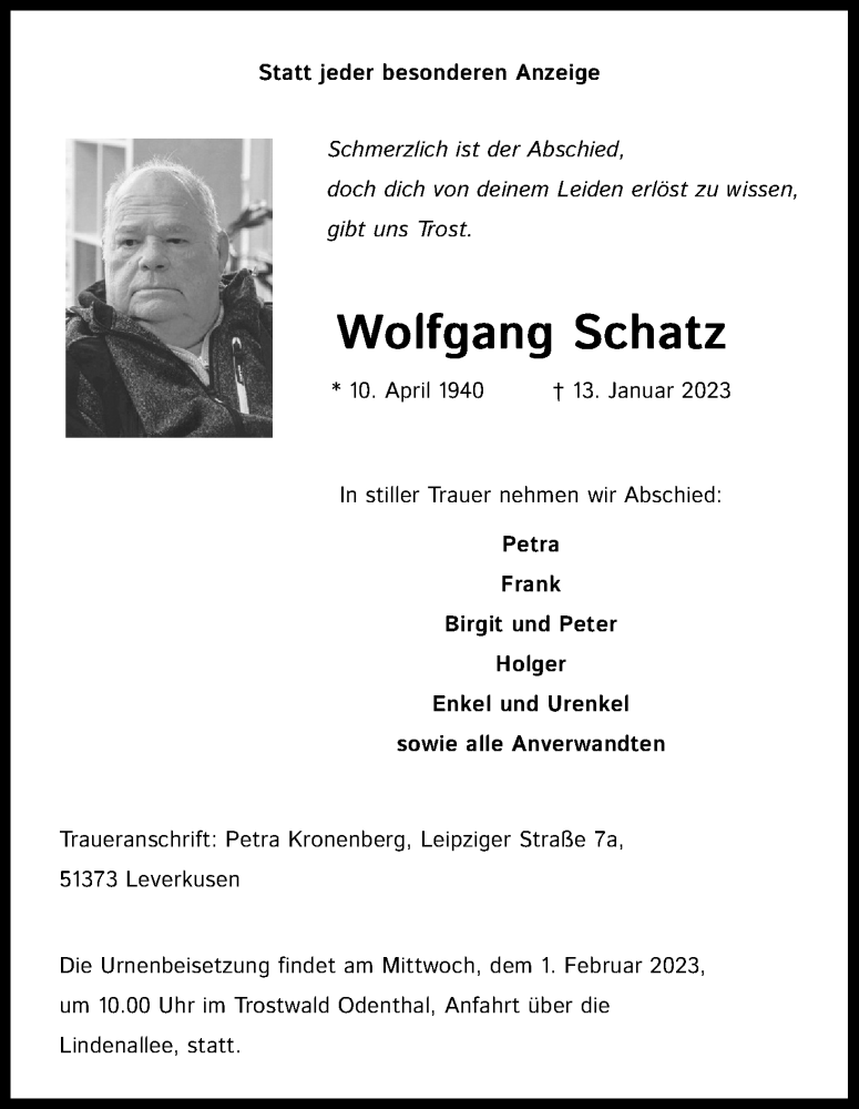 Traueranzeigen Von Wolfgang Schatz WirTrauern