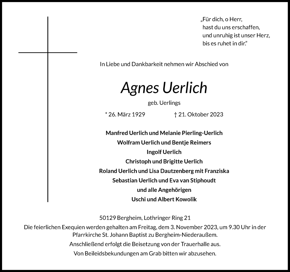 Traueranzeigen Von Agnes Uerlich WirTrauern