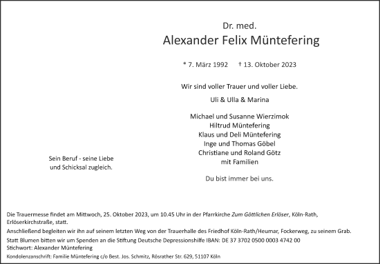 Traueranzeigen von Alexander Felix Müntefering WirTrauern