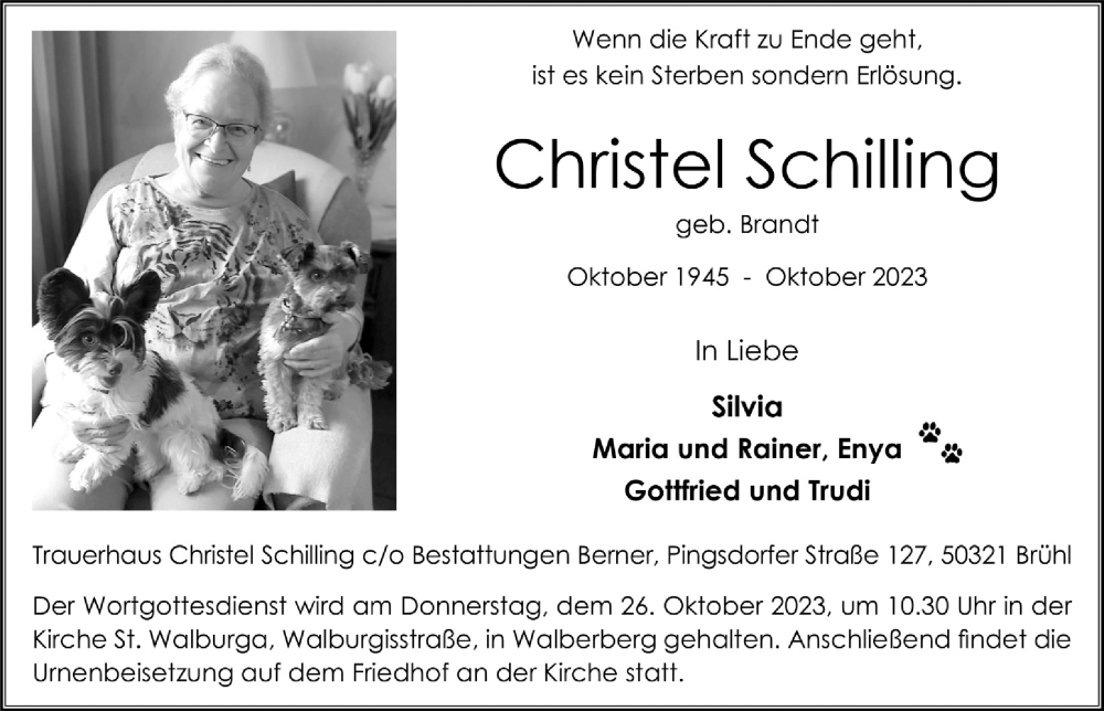 Traueranzeigen Von Christel Schilling Wirtrauern