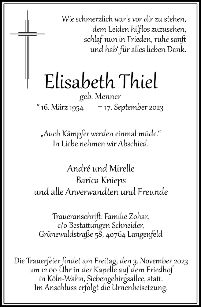 Traueranzeigen Von Elisabeth Thiel WirTrauern