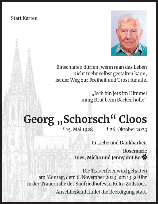 Anzeige von Georg  Cloos von Kölner Stadt-Anzeiger / Kölnische Rundschau / Express