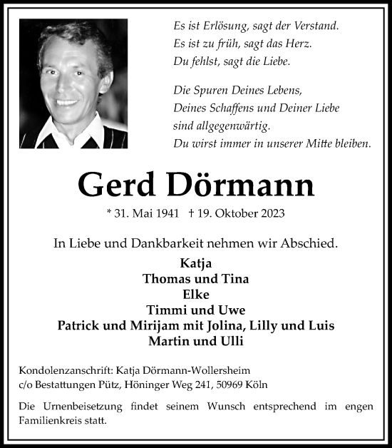 Anzeige von Gerd Dörmann von Kölner Stadt-Anzeiger / Kölnische Rundschau / Express