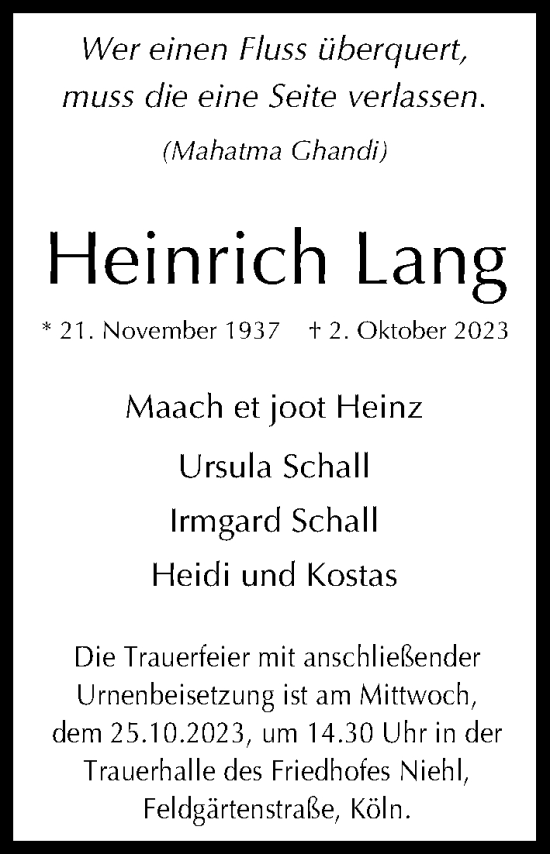 Traueranzeigen Von Heinrich Lang Wirtrauern