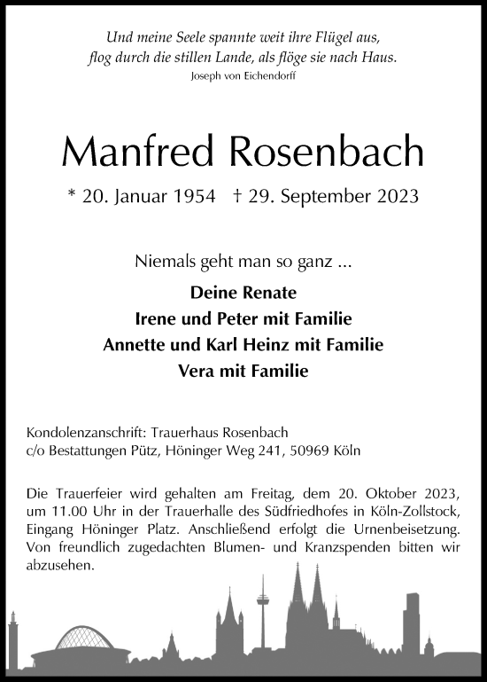Anzeige von Manfred Rosenbach von Kölner Stadt-Anzeiger / Kölnische Rundschau / Express