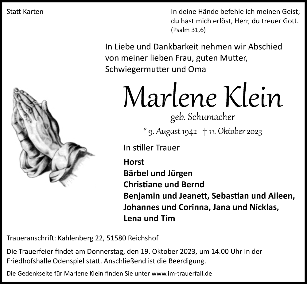 Traueranzeigen Von Marlene Klein WirTrauern