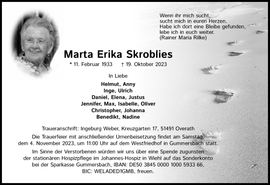 Traueranzeigen Von Marta Erika Skroblies Wirtrauern