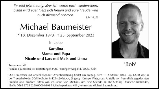 Anzeige von Michael Baumeister von Kölner Stadt-Anzeiger / Kölnische Rundschau / Express