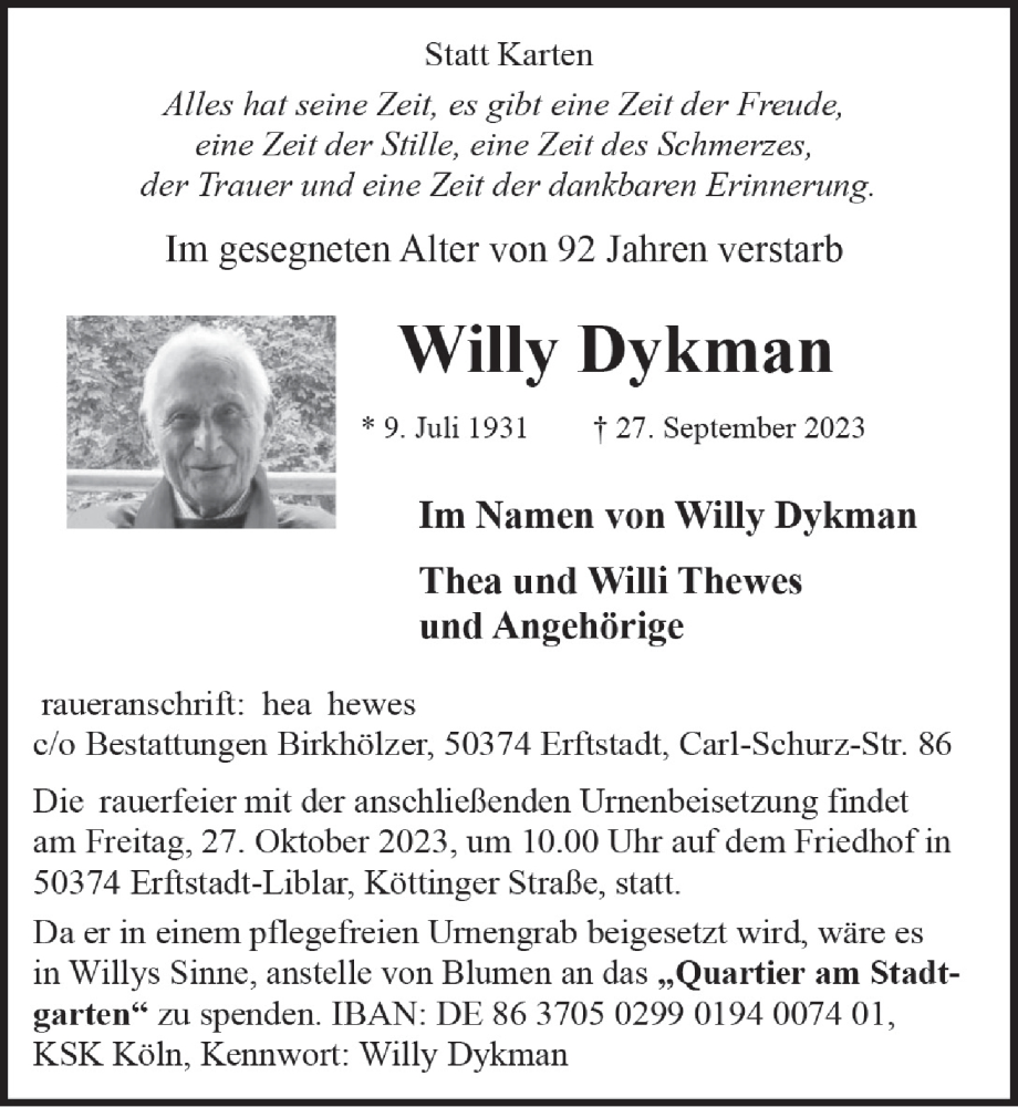 Traueranzeigen Von Willy Dykman WirTrauern