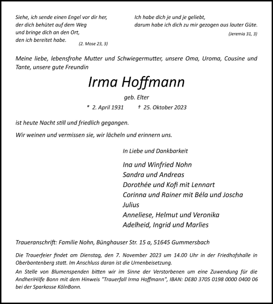 Traueranzeigen Von Irma Hoffmann WirTrauern