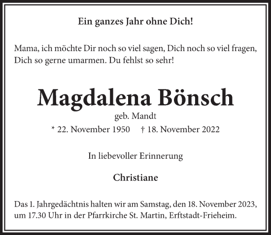 Traueranzeigen Von Magdalena B Nsch Wirtrauern