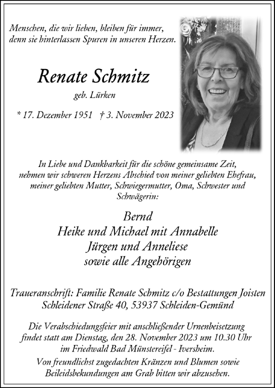 Traueranzeigen Von Renate Schmitz WirTrauern