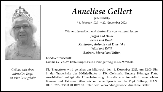 Anzeige von Anneliese Gellert von Kölner Stadt-Anzeiger / Kölnische Rundschau / Express