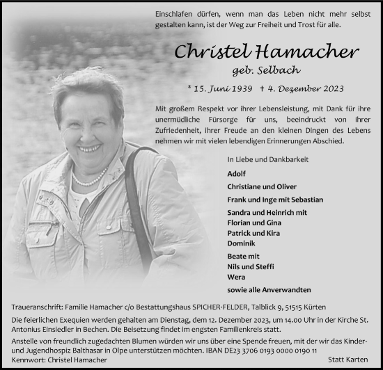 Traueranzeigen Von Christel Hamacher Wirtrauern