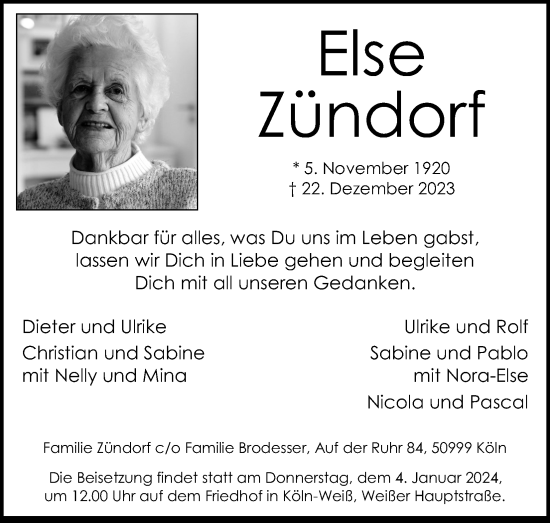 Anzeige von Else Zündorf von Kölner Stadt-Anzeiger / Kölnische Rundschau / Express