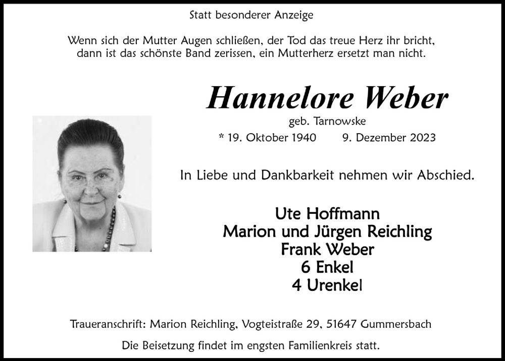 Traueranzeigen Von Hannelore Weber WirTrauern