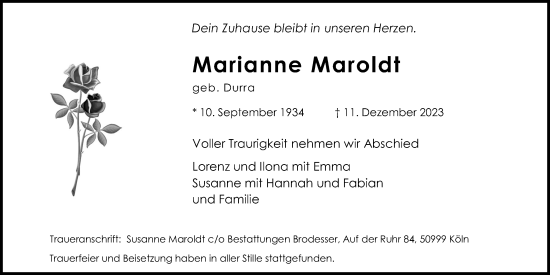Anzeige von Marianne Maroldt von Kölner Stadt-Anzeiger / Kölnische Rundschau / Express
