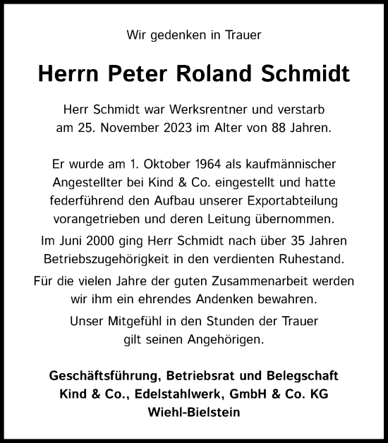 Anzeige von Peter Roland Schmidt von Kölner Stadt-Anzeiger / Kölnische Rundschau / Express