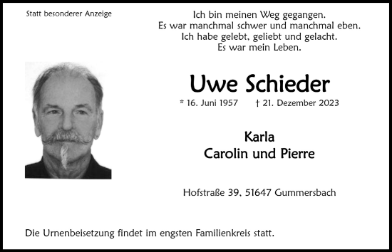 Traueranzeigen Von Uwe Schieder WirTrauern