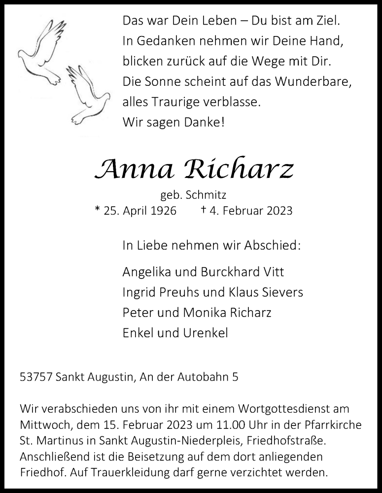 Traueranzeigen Von Anna Richarz WirTrauern