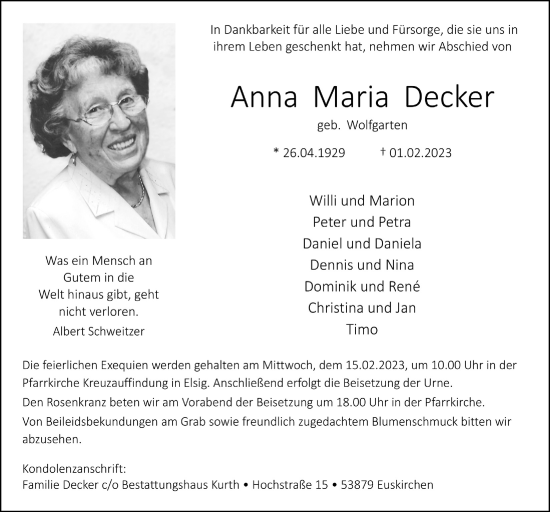 Traueranzeigen Von Anna Maria Decker Wirtrauern