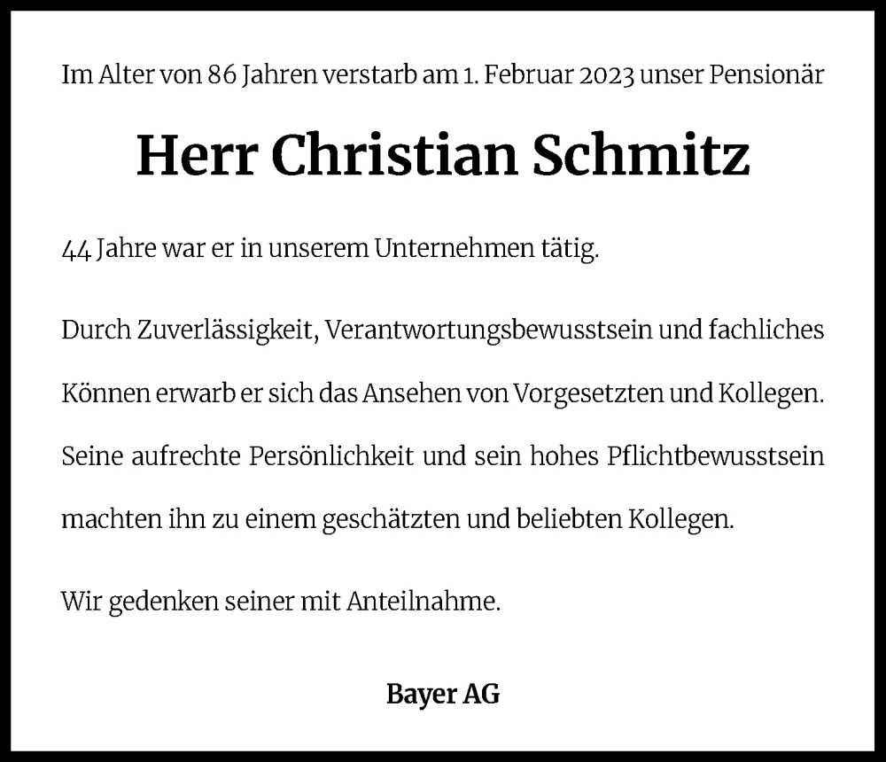 Traueranzeigen Von Christian Schmitz WirTrauern