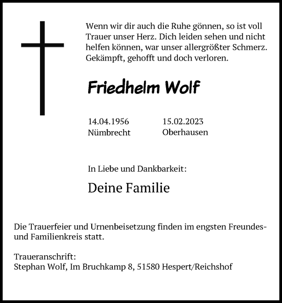 Traueranzeigen Von Friedhelm Wolf Wirtrauern