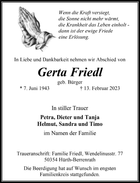 Traueranzeigen Von Gerta Friedl Wirtrauern