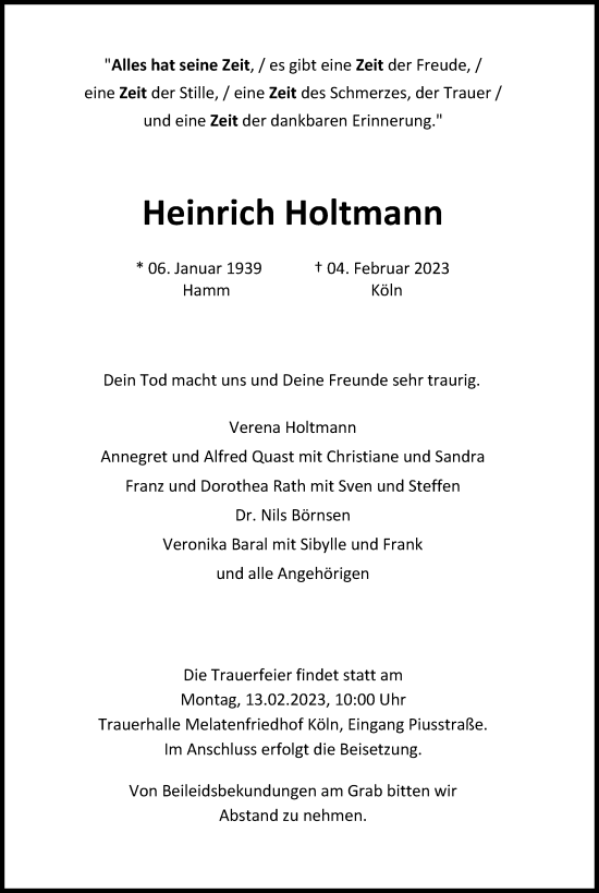 Traueranzeigen Von Heinrich Holtmann WirTrauern