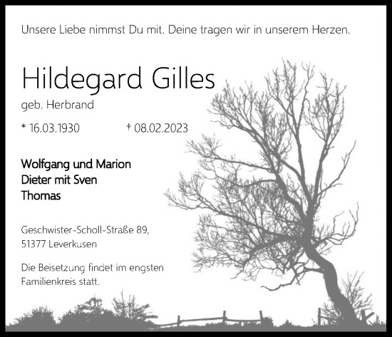 Traueranzeigen Von Hildegard Gilles Wirtrauern