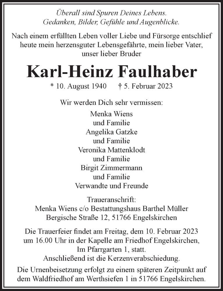 Traueranzeigen Von Karl Heinz Faulhaber WirTrauern