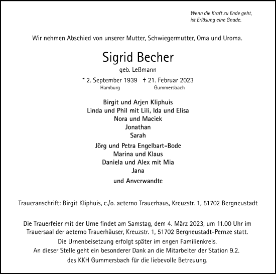 Traueranzeigen Von Sigrid Becher WirTrauern