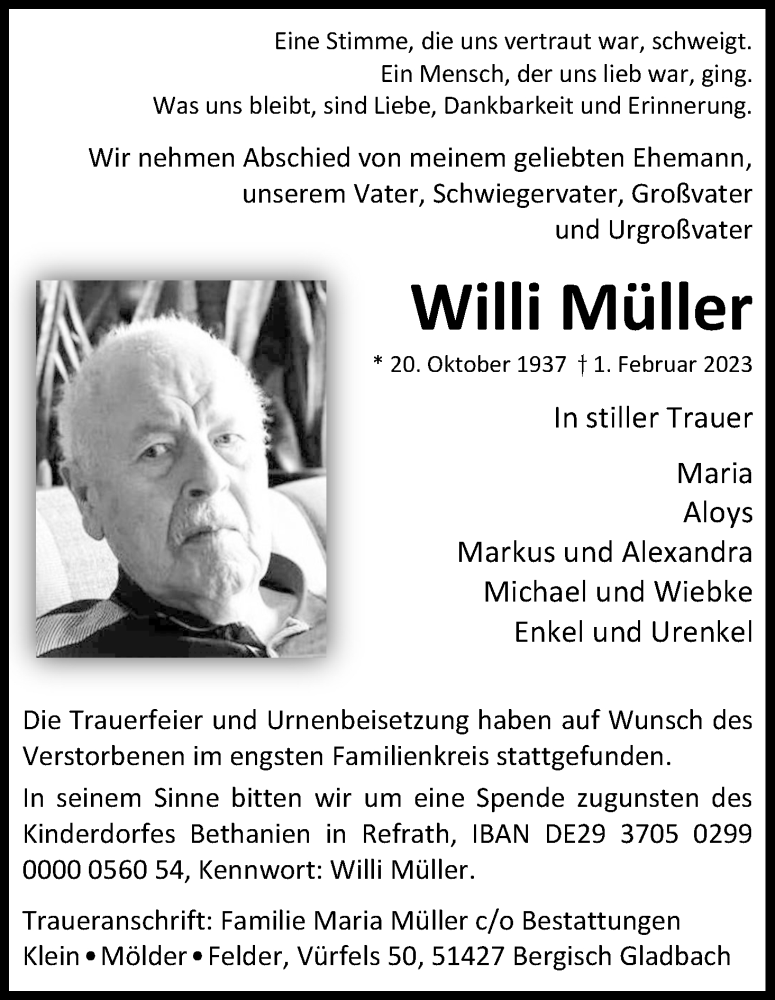 Traueranzeigen von Willi Müller WirTrauern