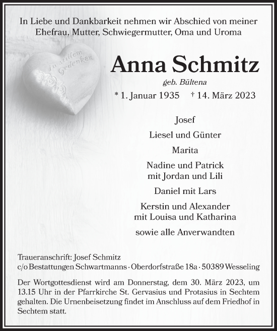 Traueranzeigen Von Anna Schmitz WirTrauern