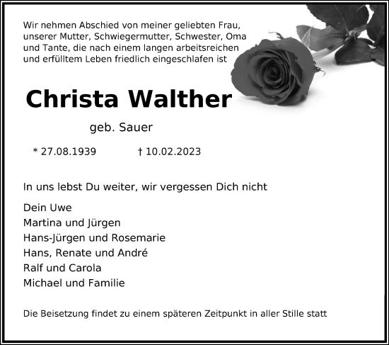 Traueranzeigen Von Christa Walther WirTrauern