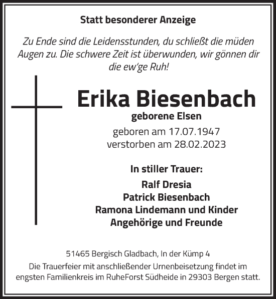 Traueranzeigen Von Erika Biesenbach WirTrauern