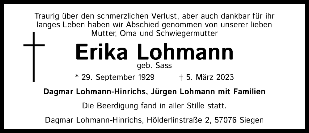 Traueranzeigen Von Erika Lohmann Wirtrauern