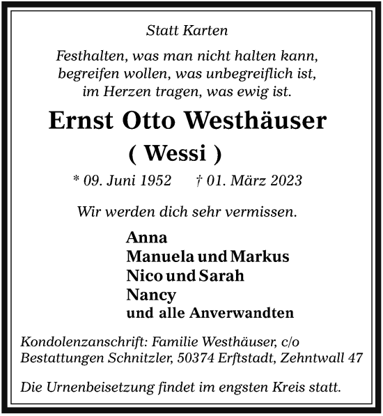 Traueranzeigen Von Ernst Otto Westh User Wirtrauern