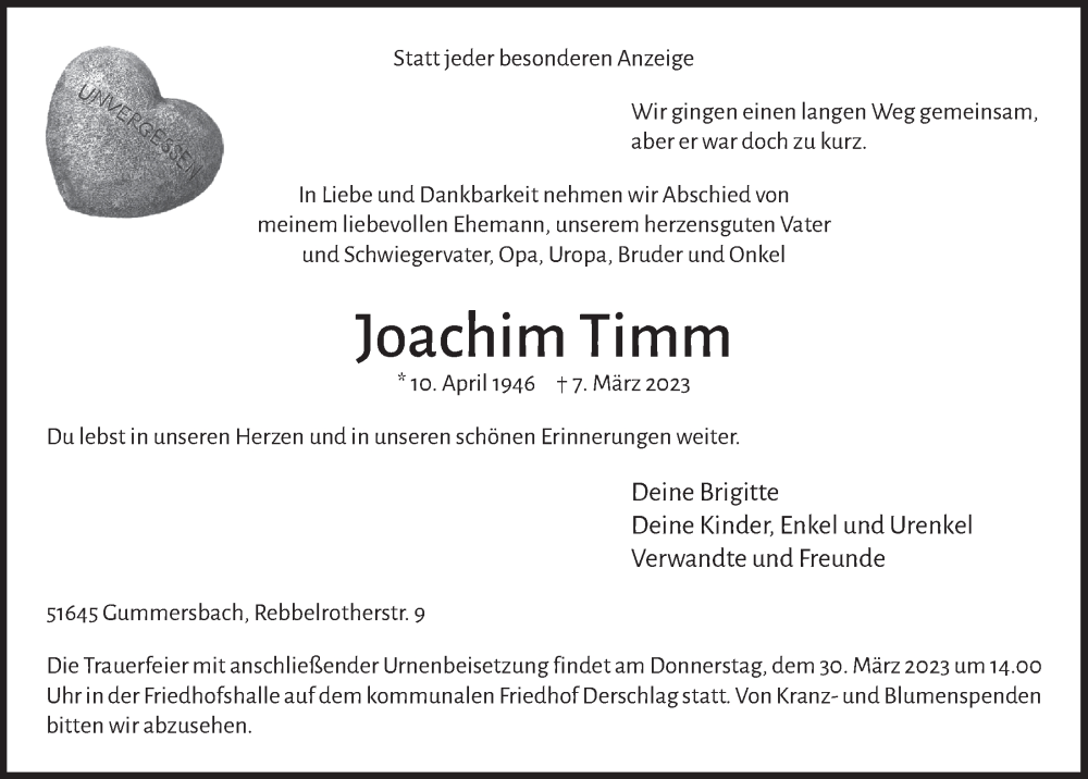 Traueranzeigen Von Joachim Timm WirTrauern