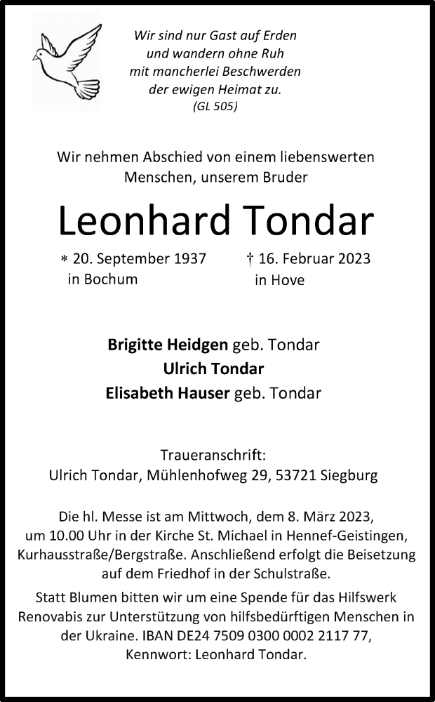 Traueranzeigen Von Leonhard Tondar Wirtrauern