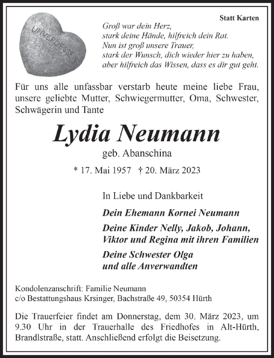 Traueranzeigen Von Lydia Neumann Wirtrauern