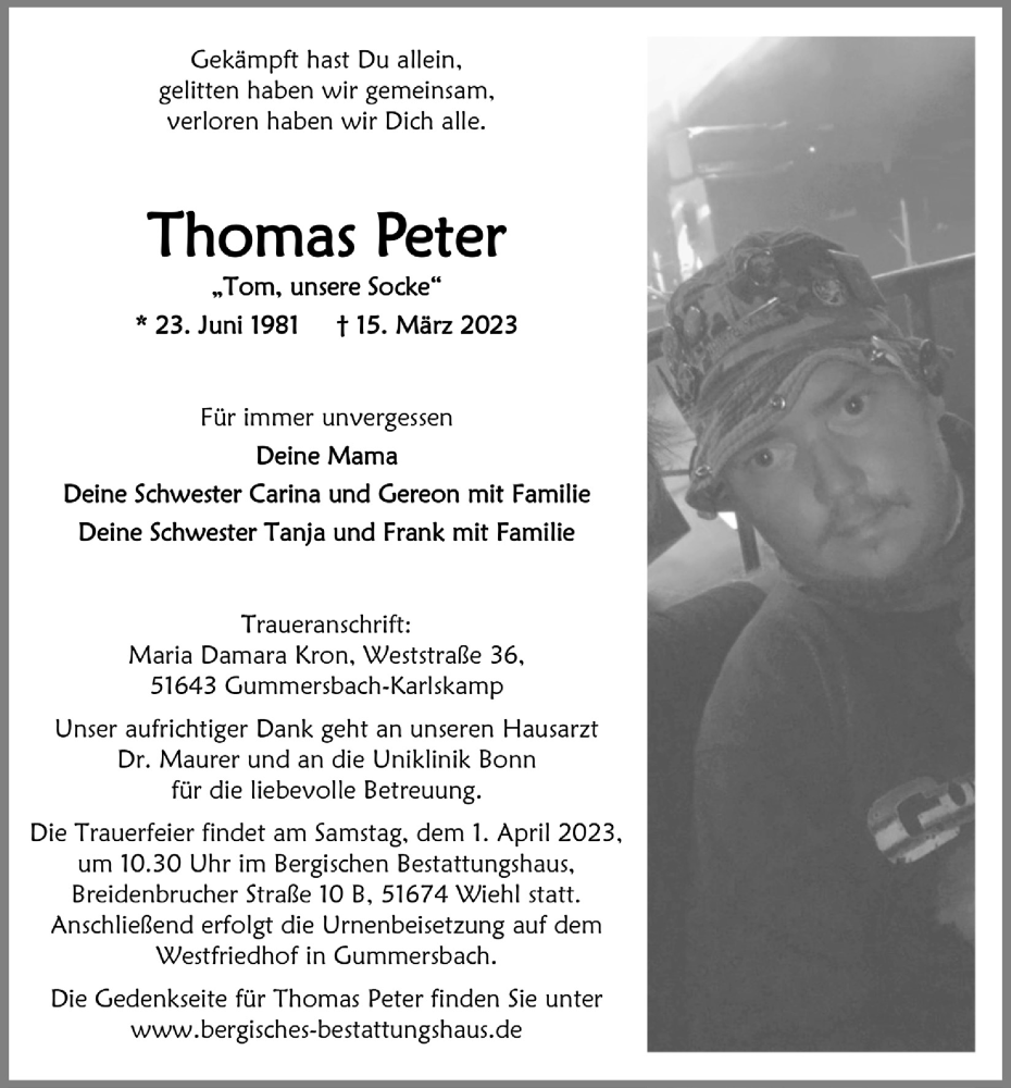 Traueranzeigen Von Thomas Peter WirTrauern