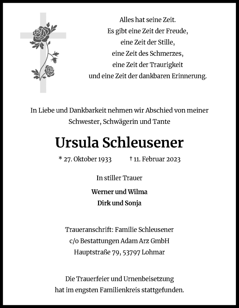 Traueranzeigen Von Ursula Schleusener WirTrauern