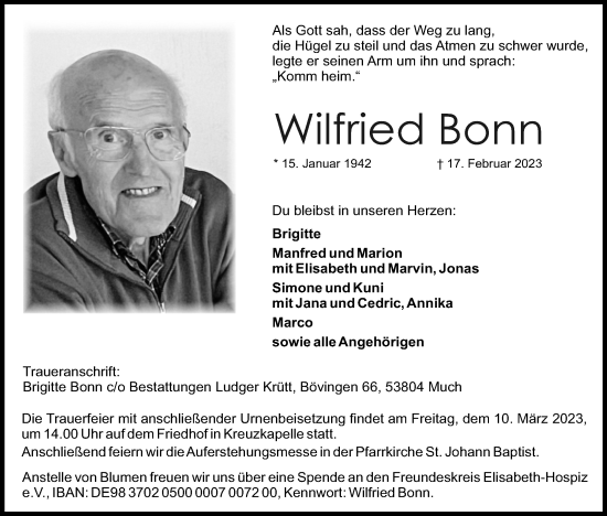 Traueranzeigen Von Wilfried Bonn WirTrauern