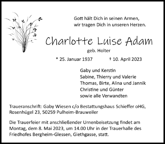 Traueranzeigen Von Charlotte Luise Adam WirTrauern